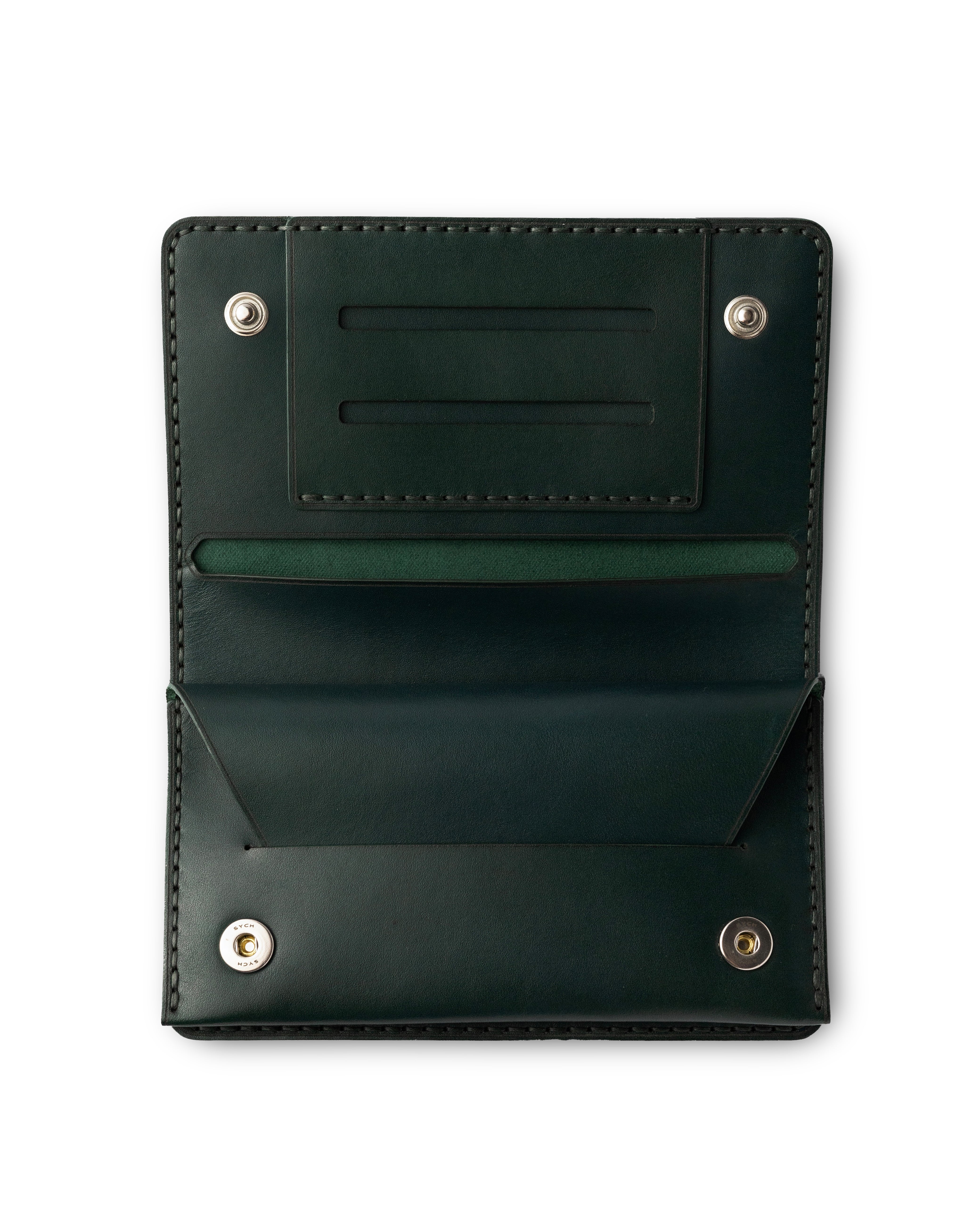 Sych TOBACCO POUCH green - open view showing compartments for papers, filters and tobacco