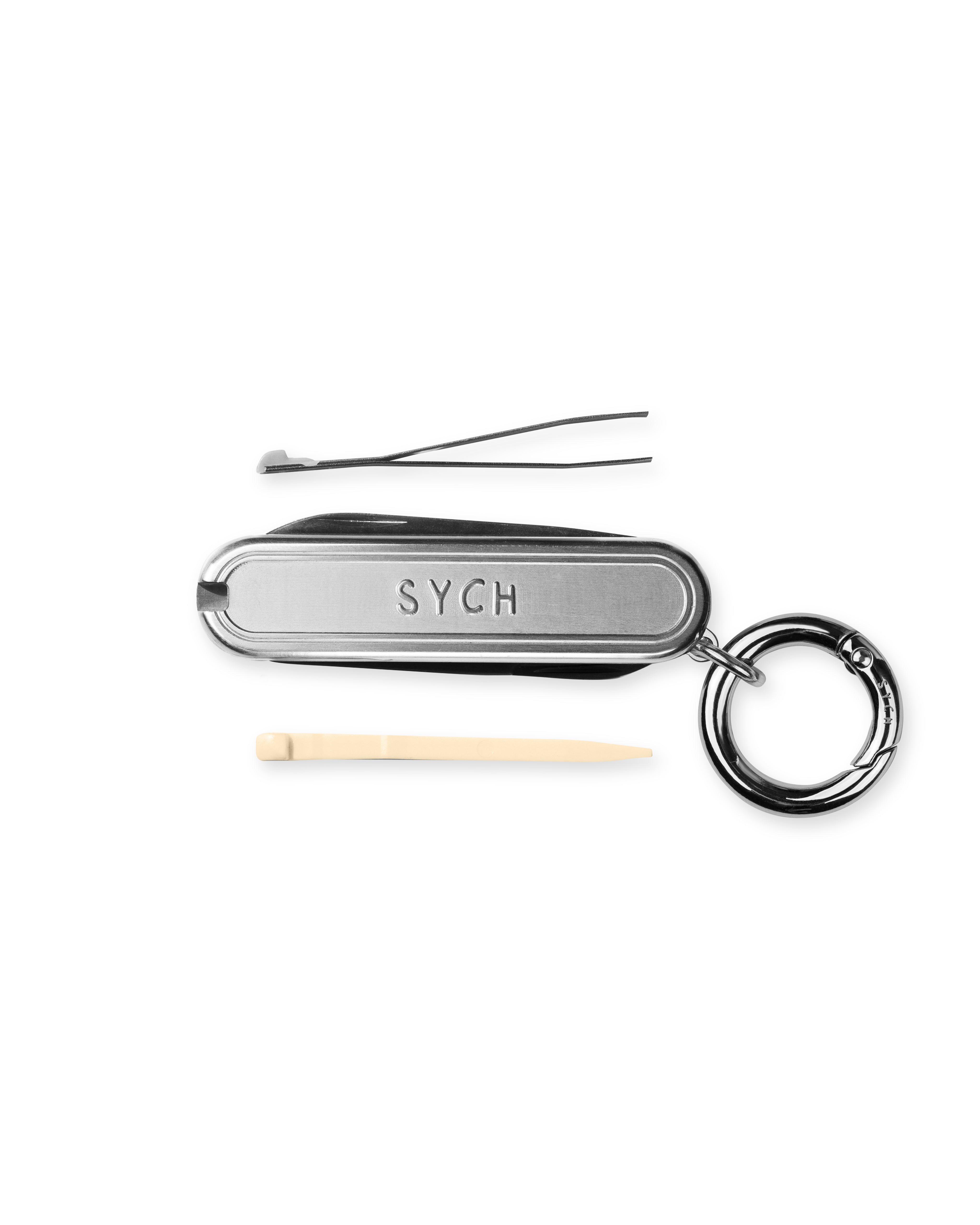 Sych brand Multitool keychain with various tools on a white background
