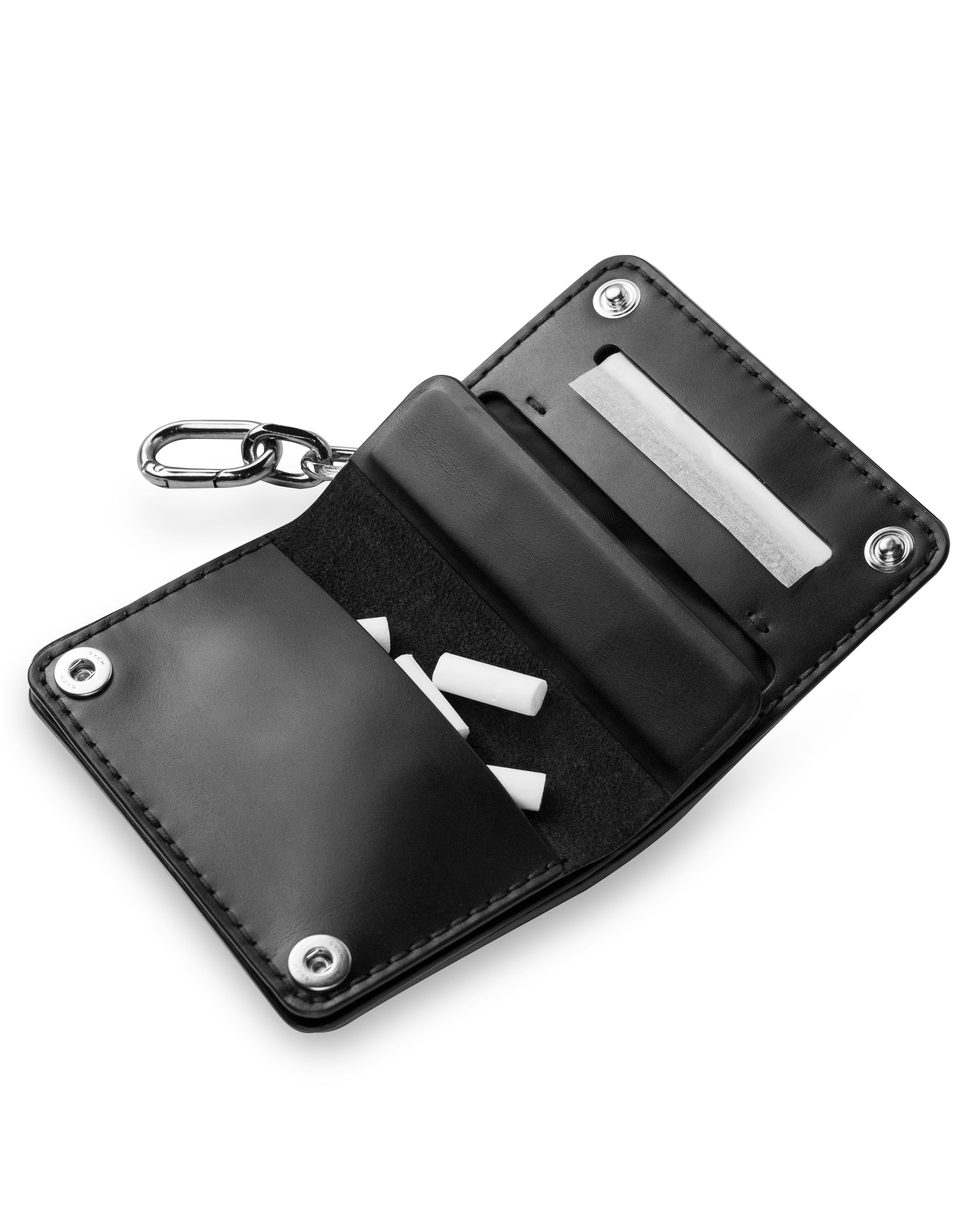 Black leather tobacco pouch with carabiner on a white background