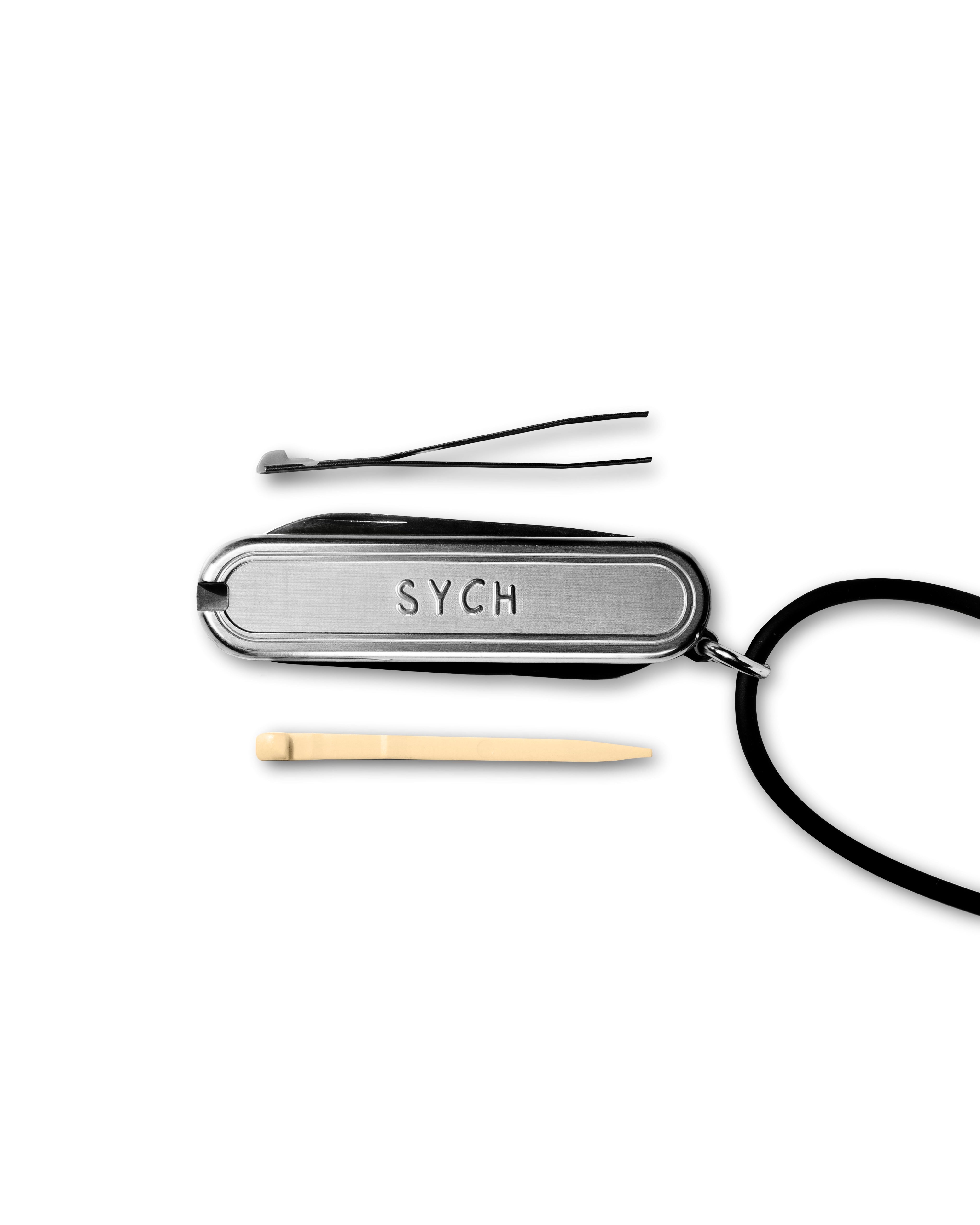 Sych brand Multitool keychain with various tools on a white background