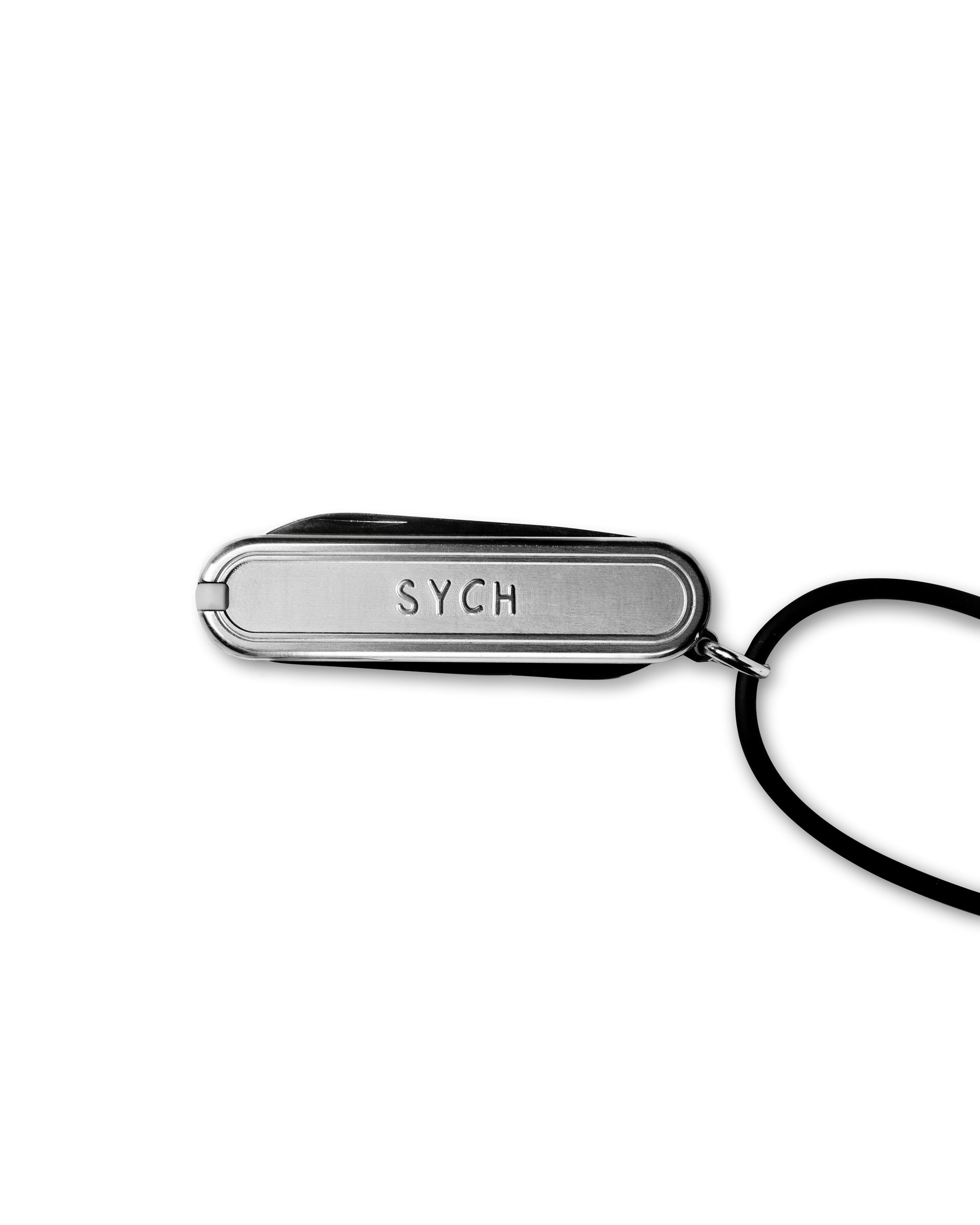 Silver mini knife necklace with 'SYCH' engraving on a white background