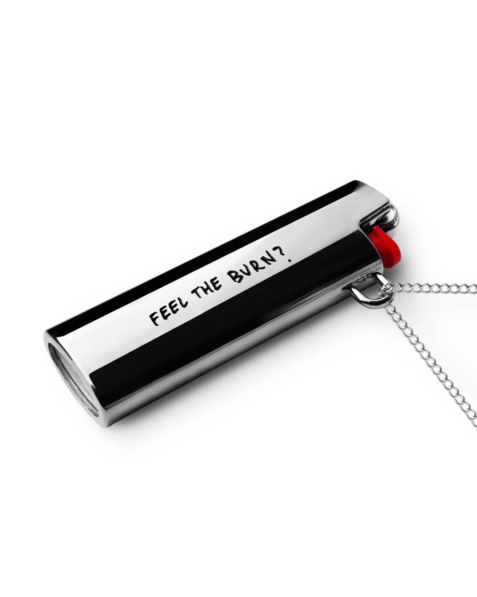 Silver lighter case necklace worn on chain