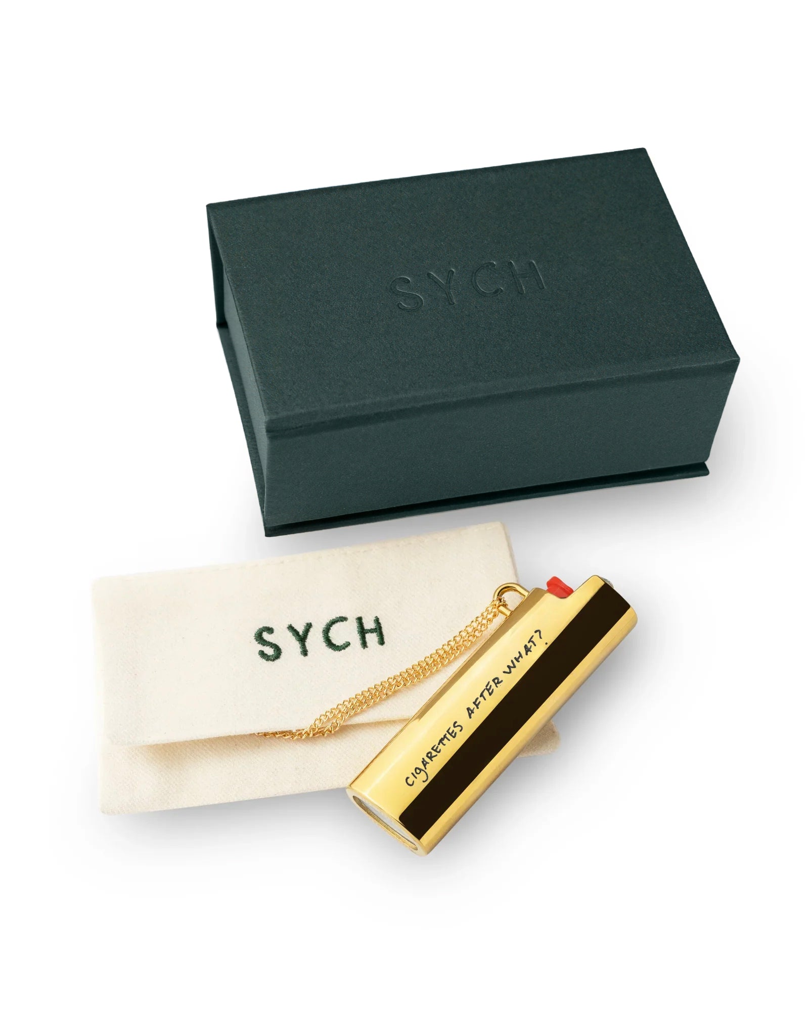 Gold lighter case necklace worn, Cigarettes After What drop